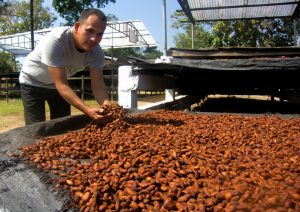 Joven en instalación de secado de cacao